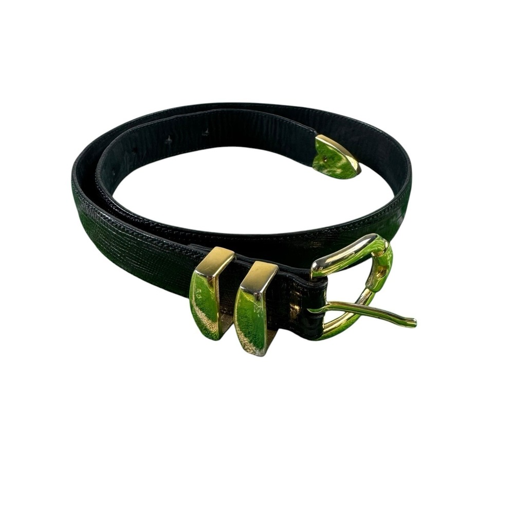 Cale Black Teju Lizard Gold Buckle Womens Belt Size 26 Made in Spain M-3358-24